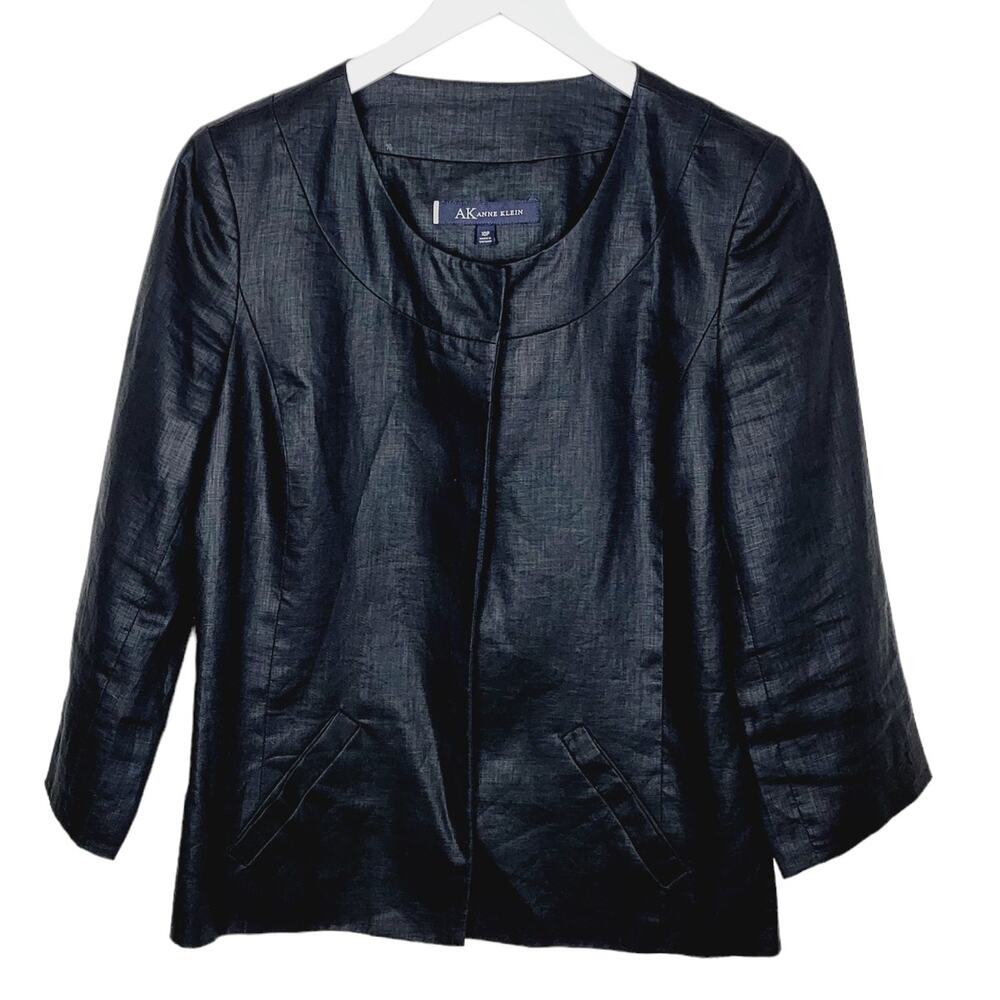 AK ANNE KLEIN 100% Linen Black Scoopneck Blazer - Size 10P - Picture 2 of 6